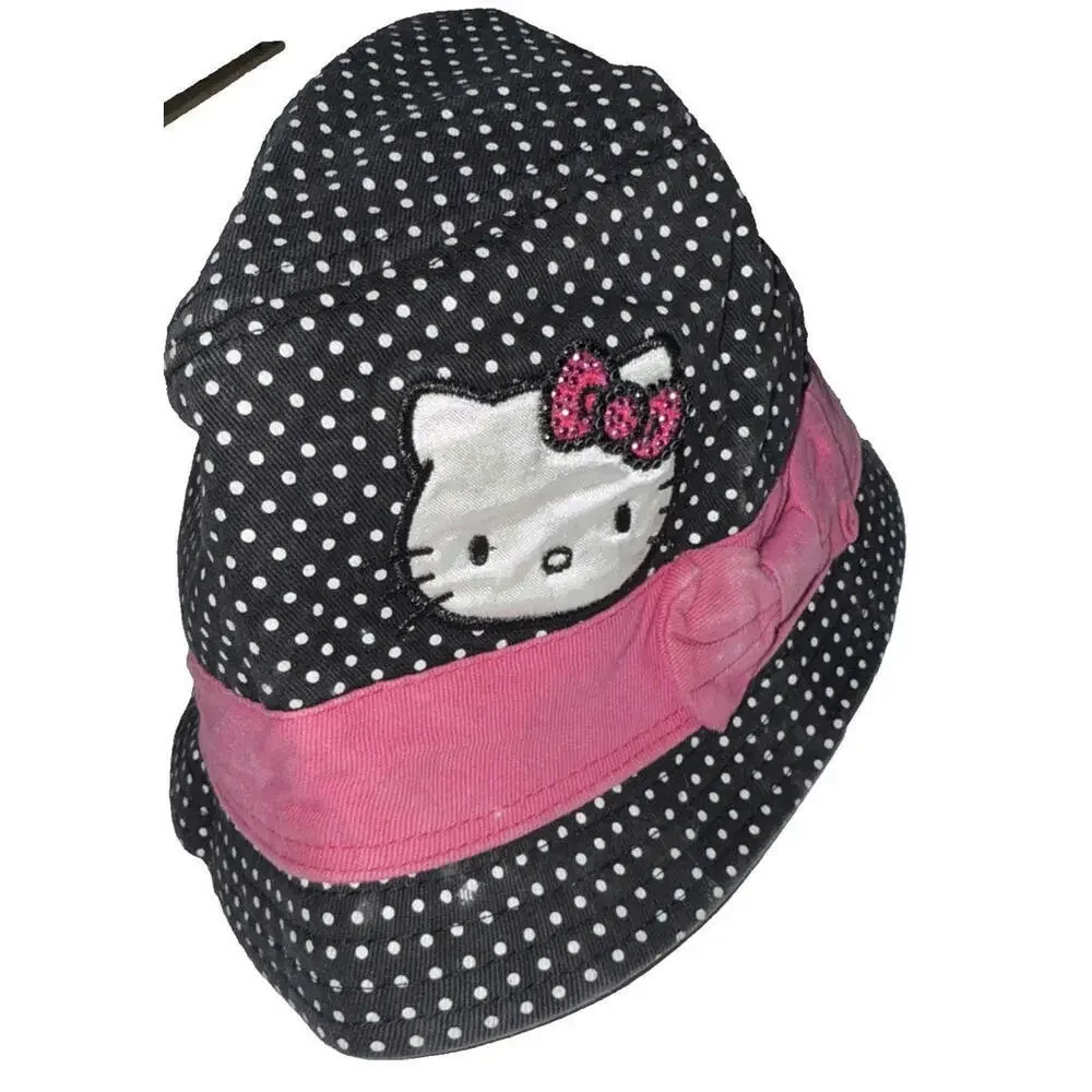 Hello Kitty Black Pink Y2K‎ Cat Cartoon Polka Dot Y2K Bucket Hat